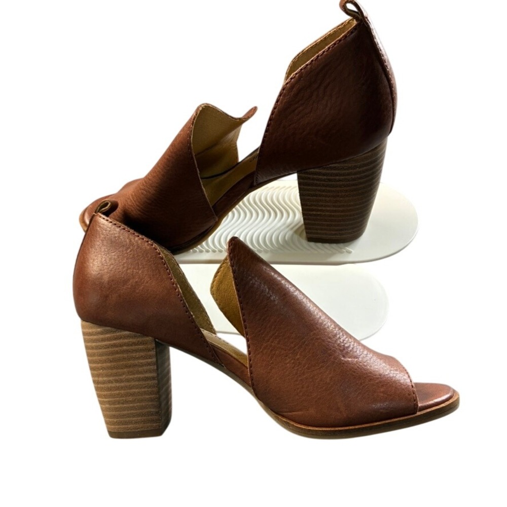 Lucky Brand Junai Brown Leather Peep Toe Cutout 3" Block Heel Booties Size 7M - Picture 8 of 16